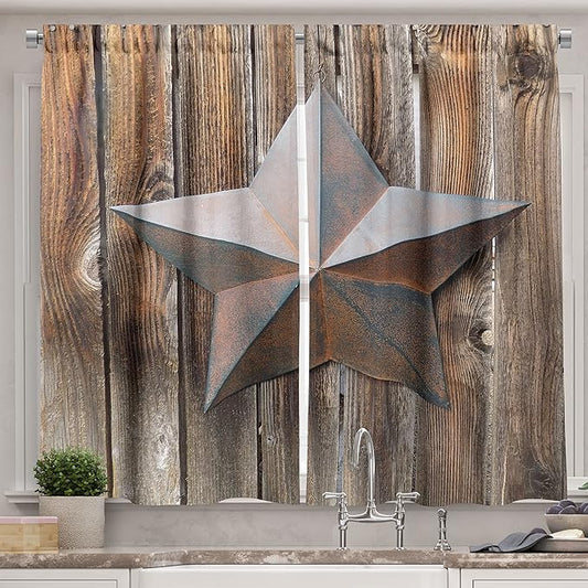 Ambesonne Prehistoric Country Kitchen Curtains, Antique Rusty Star on The Weathered Wooden Planks Vintage Retro Image, Window Drapes 2 Panel Set for Kitchen Cafe Decor, 55" x 39", Brown Taupe
