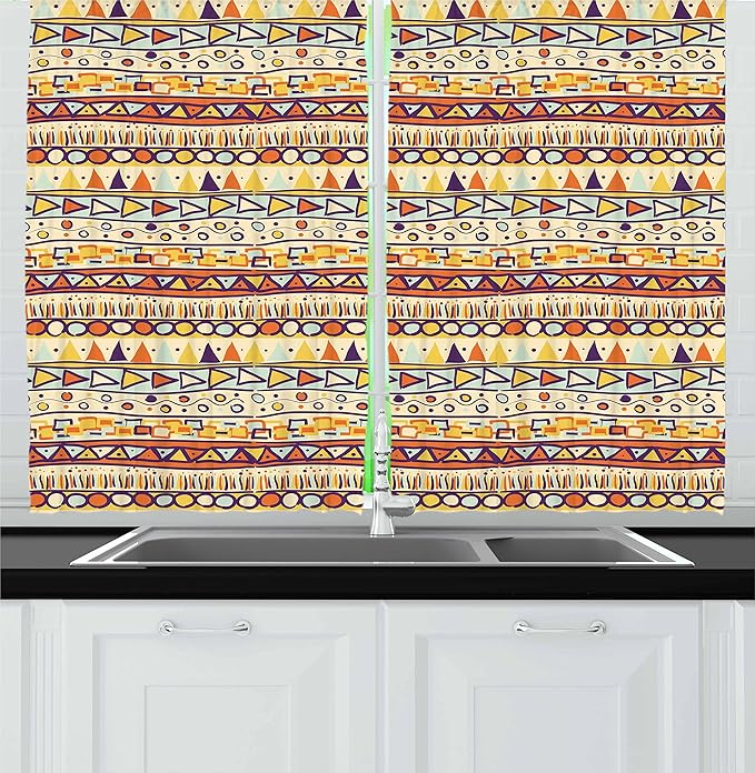 Ambesonne Prehistoric Kitchen Curtains, Mexican Style Doodles with Triangles Circles Folkloric Geometric Tribal, Window Drapes 2 Panel Set for Kitchen Cafe Decor, 55" x 36", Pastel Yellow