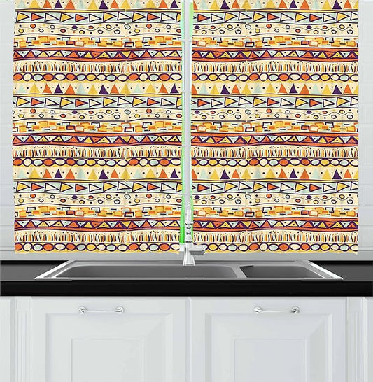 Ambesonne Prehistoric Kitchen Curtains, Mexican Style Doodles with Triangles Circles Folkloric Geometric Tribal, Window Drapes 2 Panel Set for Kitchen Cafe Decor, 55" x 36", Pastel Yellow