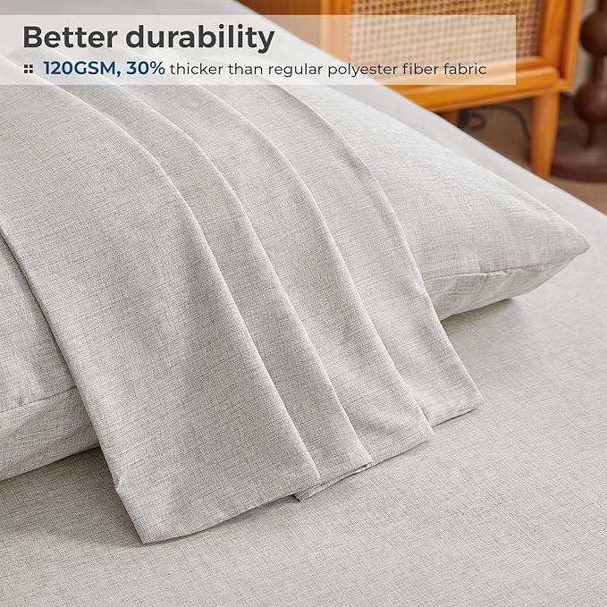 Full Sheets Light Grey, Ultral Soft Cationic Linen Look Sheets, Luxury Cooling Cozy Bed Sheet Set with Non-Slip Fitted Sheet