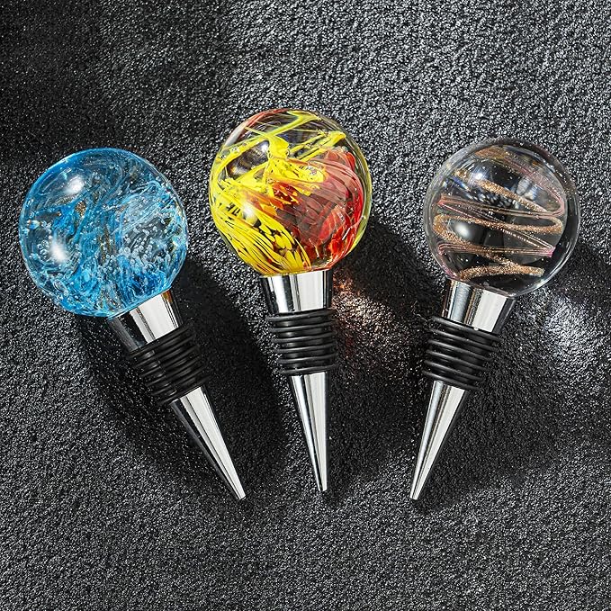 Multicolor Art Murano Glass Wine Stopper, Exquisite Wine Bottle Stopper, Colorful Leak-Proof and Reusable Wine Saver, Decorative Bottle Stoppers for Gifts, Bar, Holiday Party, Wedding, Pack of 3