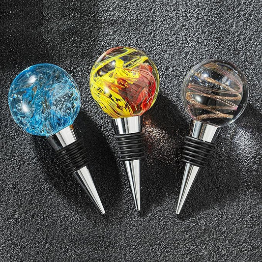 Multicolor Art Murano Glass Wine Stopper, Exquisite Wine Bottle Stopper, Colorful Leak-Proof and Reusable Wine Saver, Decorative Bottle Stoppers for Gifts, Bar, Holiday Party, Wedding, Pack of 3