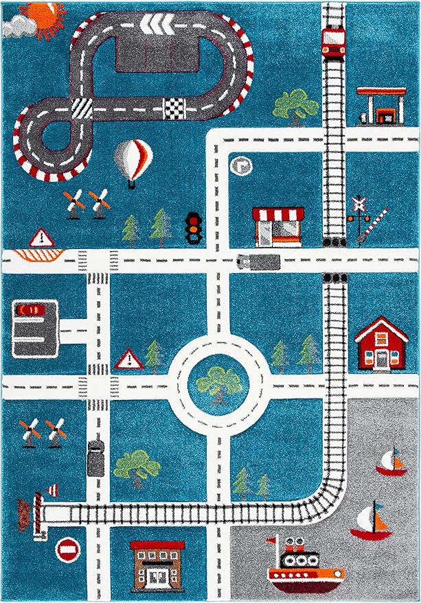 SAFAVIEH Carousel Kids Collection CRK192K Neighborhood Non-Shedding Playroom Nursery Bedroom Accent Area Rug 4' x 6' Turquoise/Ivory