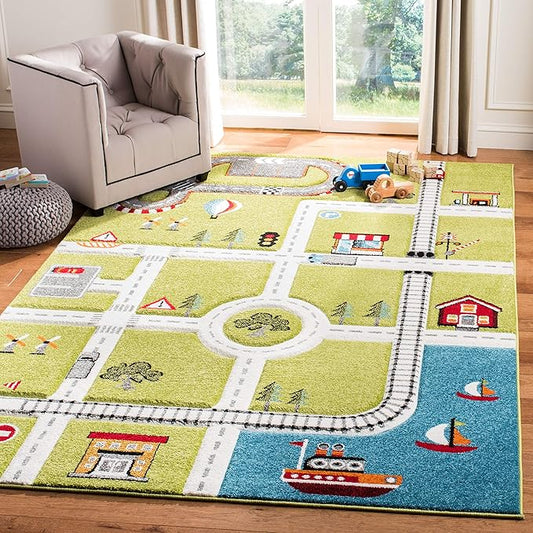 SAFAVIEH Carousel Kids Collection Accent Rug - 3'3" x 5'3", Green & Ivory, Non-Shedding & Easy Care, Ideal for High Traffic Areas for Boys & Girls in Playroom, Nursery, Bedroom (CRK192Y)