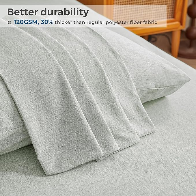 Twin Sheets Sage Green, Ultral Soft Cationic Linen Look Sheets, Luxury Cooling Cozy Bed Sheet Set with Non-Slip Fitted Sheet
