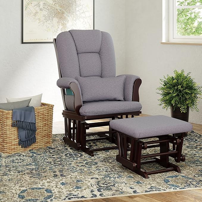 Storkcraft Tuscany Custom Glider and Ottoman with Free Lumbar Pillow (Espresso/Slate Gray Swirl) - Cleanable Upholstered Comfort Rocking Nursery Chair with Ottoman