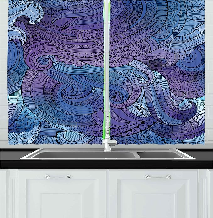 Ambesonne Abstract Kitchen Curtains, Ocean Inspired Graphic Paisley Swirled Hand Drawn Artwork Print, Window Drapes 2 Panel Set for Kitchen Cafe Decor, 55" x 39", Blue Purple