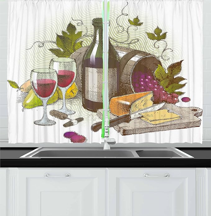 Ambesonne Wine Kitchen Curtains, Vintage Style Composition with Wine and Cheese Fruits Gourmet Taste Beverage and Food, Window Drapes 2 Panel Set for Kitchen Cafe Decor, 55" x 36", Multicolor