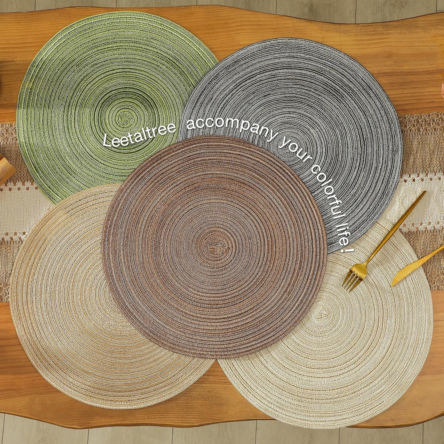 Leetaltree Round Placemats Heat and Slip Resistant Cotton Table Mats, Washable Bohemian Placemats for Dining Tables (Charcoal, Set of 8)