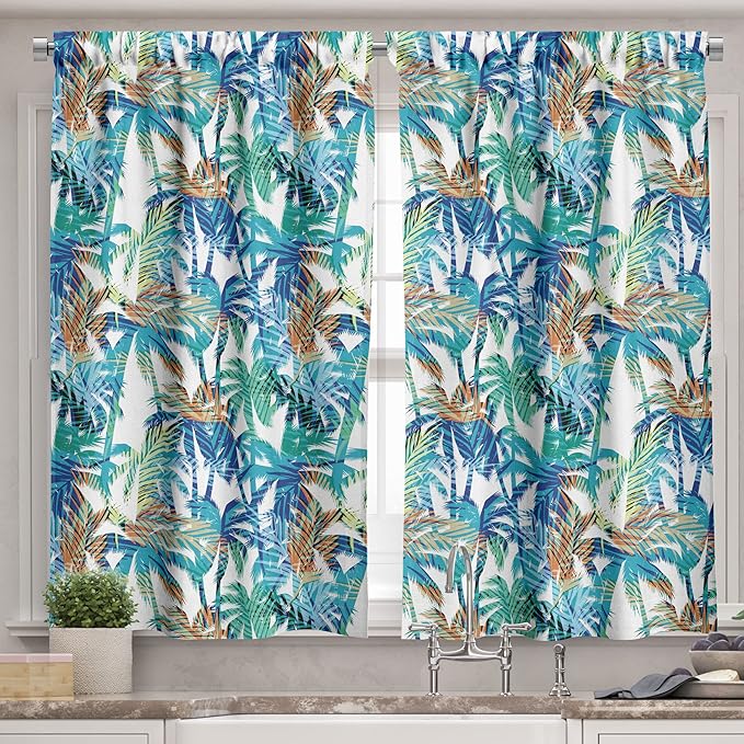 Ambesonne Palm Leaf Valance & Tier Curtain 3 pcs Set, Tropical Summer Print with Palm Abstract Nature Pattern Fantasy Dream, Window Treatments for Kitchen Room Decor, 55" x 30", Blue Mint Green Orange