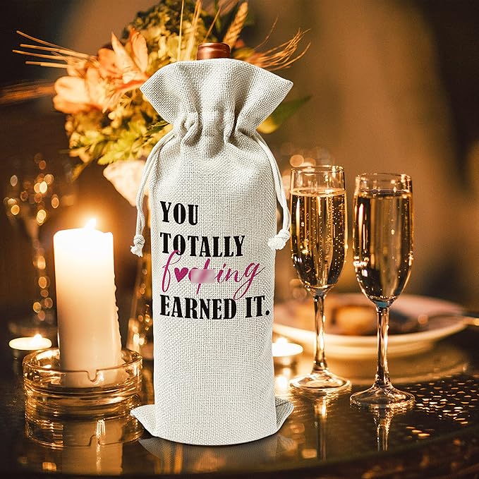 New Job, You Totally Earned It Wine Gift Bags - for Job Promotion Gift, New Job Gift For Her/Him - Reusable Burlap With Drawstring Gift Bag (5.5"x 13.5")-1 Pcs/jiu008
