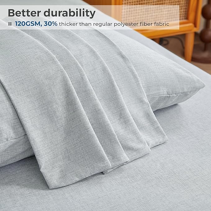 Queen Sheets Blue, Ultral Soft Cationic Linen Look Sheets, Luxury Cooling Cozy Bed Sheet Set with Non-Slip Fitted Sheet