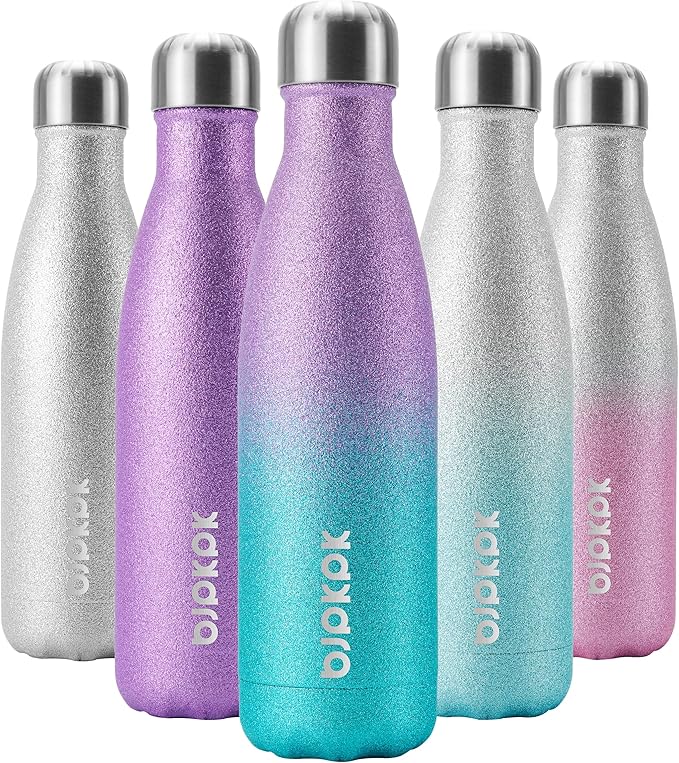 BJPKPK Insulated Water Bottles -17oz/500ml -Stainless Steel Water Bottles,Sports Water Bottles Keep Cold for 24 Hours and Hot for 12 Hours,BPA Free Water Bottle,Glitter Purple Green