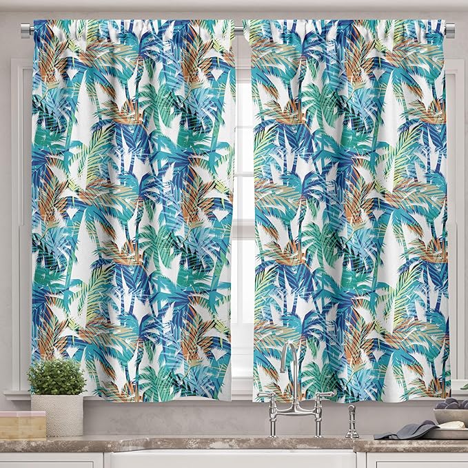 Ambesonne Palm Leaf Valance & Tier Curtain 3 pcs Set, Tropical Summer Print with Palm Abstract Nature Pattern Fantasy Dream, Window Treatments for Room Kitchen Decor, 55" x 24", Blue Mint Green Orange