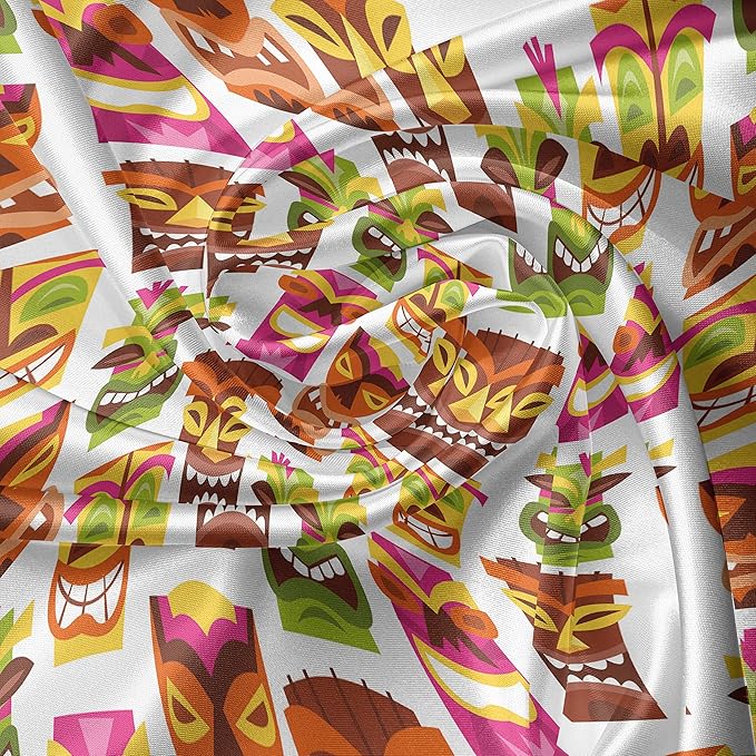 Ambesonne Tiki Bar Valance & Tier Curtain 3 pcs Set, Sixties Retro Inspired Hawaiian Party Happy Tiki Pattern Colorful, Window Treatments for Kitchen Room Decor, 55" x 30", White Brown