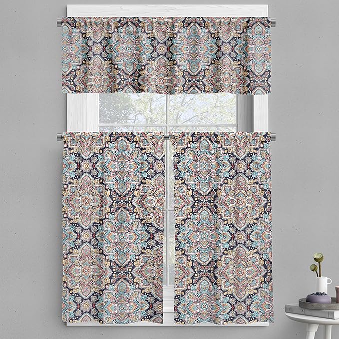 Ambesonne Ethnic Valance & Tier Curtain 3 pcs Set, Bohemian Style Motif Vintage Oriental Inspired Traditional Art, Window Treatments for Kitchen Room Decor, 55" x 30", Navy Teal