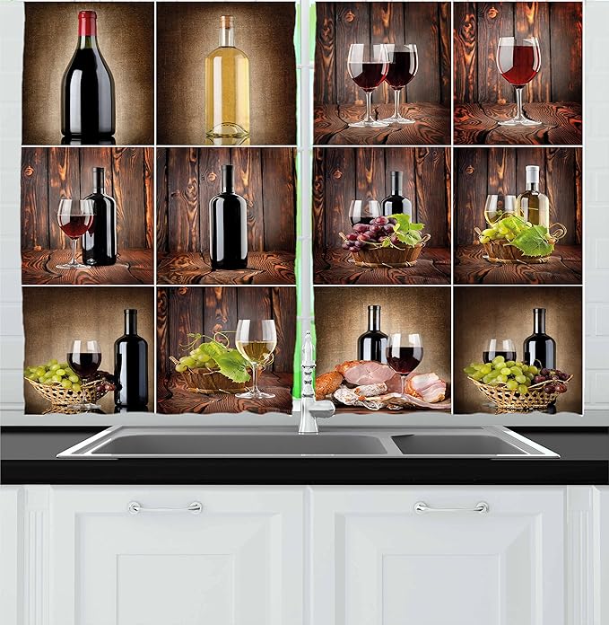 Ambesonne Wine Kitchen Curtains, Wine Themed Collage on Wooden Backdrop with Grapes and Meat Rustic Country Drink, Window Drapes 2 Panel Set for Kitchen Cafe Decor, 55" x 24", Brown Black