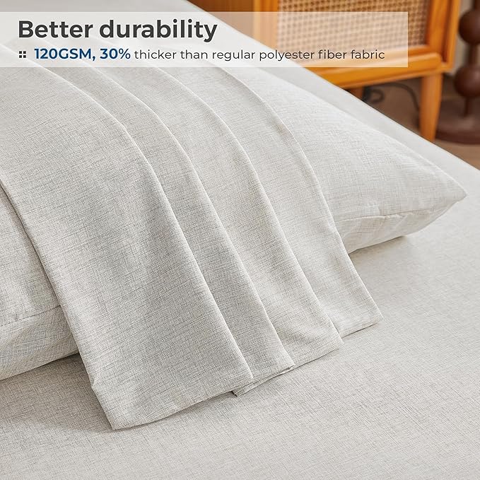 Queen Sheets Khaki, Ultral Soft Cationic Linen Look Sheets, Luxury Cooling Cozy Bed Sheet Set with Non-Slip Fitted Sheet
