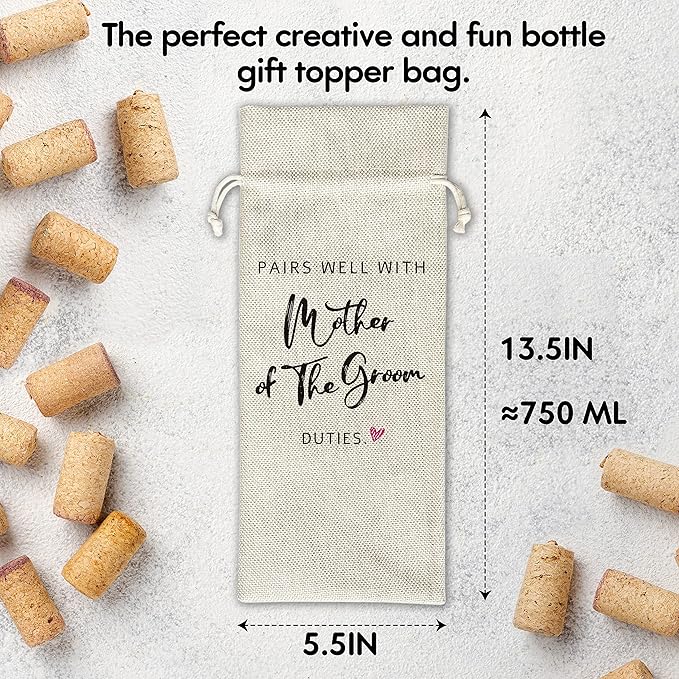 Mother of the Groom Wine Gift Bags - for Wedding, Engagement - Reusable Burlap With Drawstring Gift Bag (5.5"x 13.5")-1 Pcs/jiu030