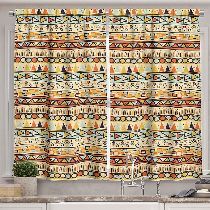 Ambesonne Prehistoric Kitchen Curtains, Mexican Style Doodles with Triangles Circles Folkloric Geometric Tribal, Window Drapes 2 Panel Set for Kitchen Cafe Decor, 55" x 39", Pastel Yellow